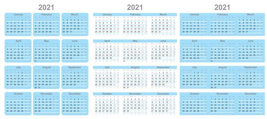 Satz vom Kalender für 2021 Jahr. Woche beginnt am Montag. - Vektor