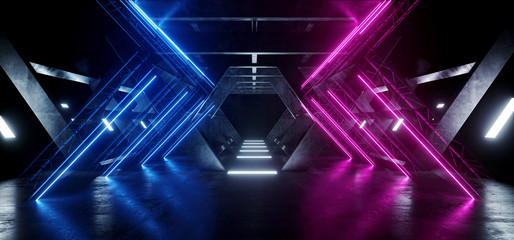 Cyber Sci Fi Futuristic Modern Spaceship Alien Club Tunnel Corridor Underground Concrete Reflections Empty Neon Led Laser Blue Purple  Pylon Lights 3D Rendering