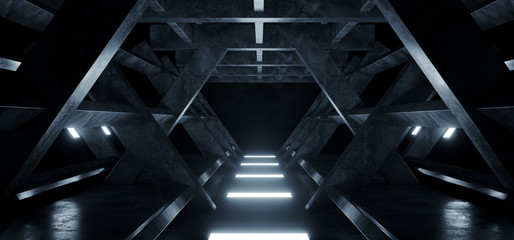 Triangle Shaped Cement Concrete Underground Structures Construction Tunnel Corridor Dark Empty Night Sci Fi Futuristic Led Lights White 3D Rendering