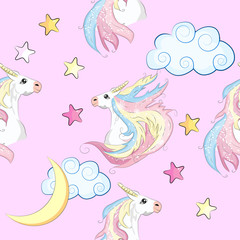 Cartoon seamless pattern. Unicorn with rainbow and clouds, designed print.