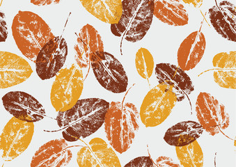 seamless pattern natural autumn leaves stamp on white  background, orange foliage vector, illustration