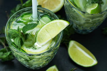 Glass of isotonic drink close up top view