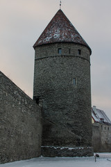 Historic tower defense tower in Old Town  in winter. Estonia