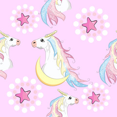 Cartoon seamless pattern. Unicorn with rainbow and clouds, designed print.