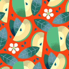 Seamless pattern of textured green apples fruit, apple flower, leaves, seeds on bright red background