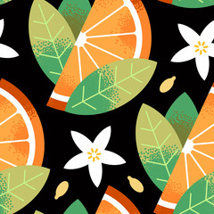 Seamless pattern of textured orange fruit, flowers, seeds, leaves