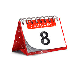 3D rendering of snowy red desk paper January 8 date - calendar page isolated on white