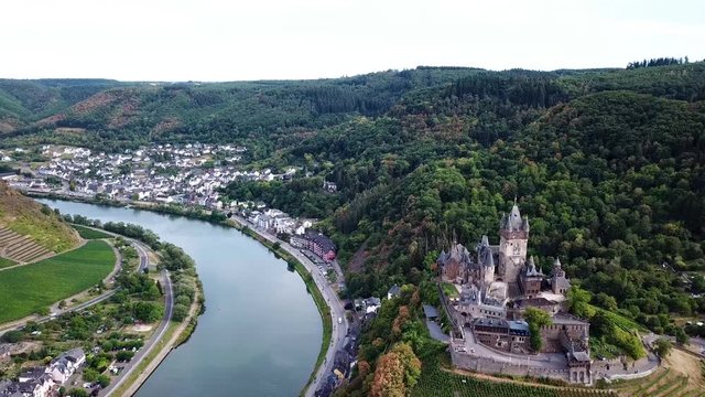 Aerial view of Cochem Castle and Moselle River. Germany in the summer