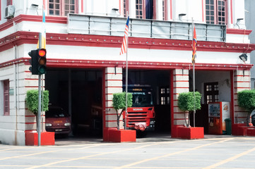Georgetown Penang - April 26 2019 :  Fire station and fire truck in Malaysia, Penang Island.