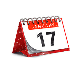 3D rendering of snowy red desk paper January 17 date - calendar page isolated on white