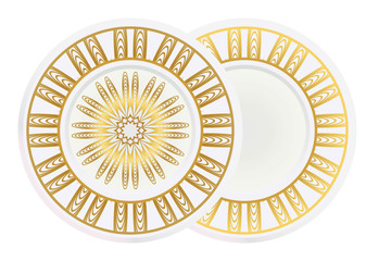 Plates for interior design. Porcelain plate with mandala ornament. Vector illustration. Isolated. Round geometric floral pattern. Interior decoration, home decor element