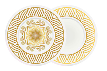 decorative plates for interior design. Empty dish, porcelain plate mock up design. Vector illustration. Decorative plates with Mandala ornament patterns. Home decor background.