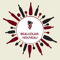 Red wine festival flyer, banner template for pub. Vector pattern with wine glasses and bottles. Business square card for beaujolais nouveau party.