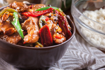 Homemade Kung Pao chicken with peppers and vegetables