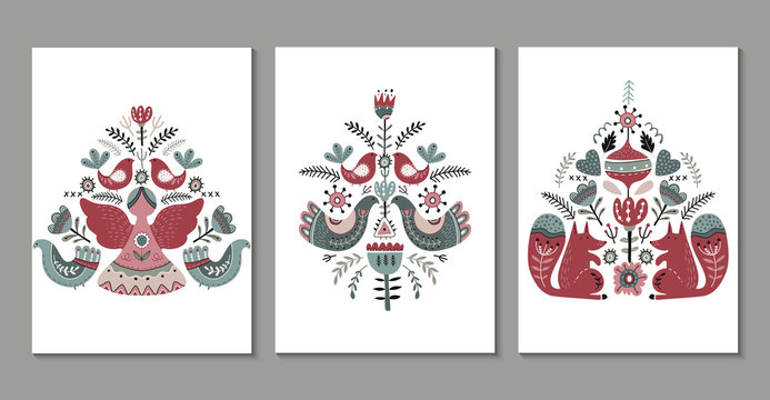 Fototapeta Vector set of greeting cards, posters in scandinavian style.