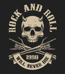 Illustration of a skull with horns and crossed arms