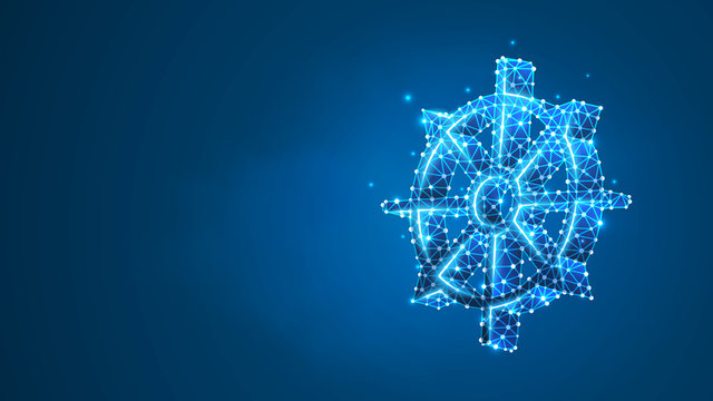 Dharma Wheel of Fortune, Spirituality, Buddhism. Steering or fate wheel. Abstract digital wireframe, low poly mesh, polygonal vector blue neon 3d illustration. Line dot