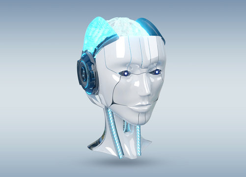 White and blue female cyborg robot head isolated on grey background 3d rendering