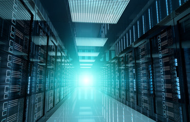 Dark servers data center room with bright halo light through the corridor 3D rendering