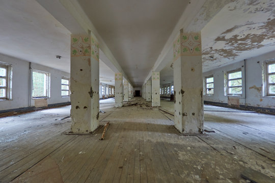 Common hall at communist abandoned soviet military base in east Germany - Secret town Russian cold war nuke site