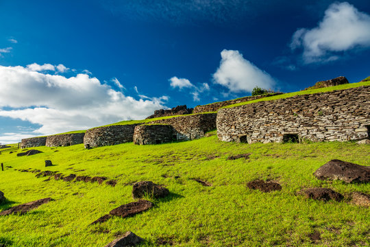 Orongo antique stone constructions in Rapa Nui