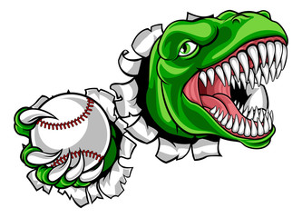 A dinosaur T Rex or raptor baseball player cartoon animal sports mascot holding a ball in its claw © Christos Georghiou
