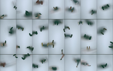 Silhouettes of people on a frosted glass floor in bottom view. Transparent glass floor between floors with reflection of human legs. 3D rendering.