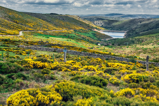 Embalse del Tobar en la Sierra de Malag&oacute;n. Segovia. Espa&ntilde;a. Europa.r reservoir in Sierra de Malagon on a cloudy spring day. Segovia. Spain. Europe.