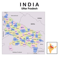 Uttar Pradesh map with border. Uttar Pradesh district map vector illustration