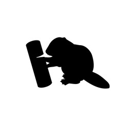 Silhouette of little cub baby beaver gnawing log © KozyrevaElena