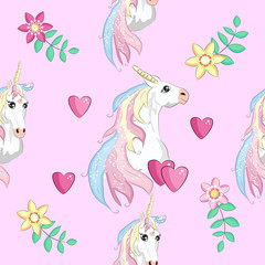 Seamless pattern with Unicorns, rainbows and hearts, trendy cartoon patches.