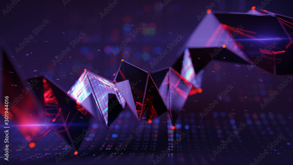 Poster polygonal shape with flashing light 3d render