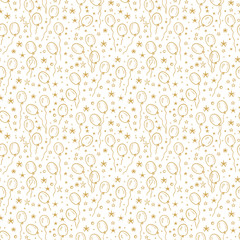 Vector Holiday or Birthday Seamless Pattern with Hand Drawn Doodle Balloons and Stars. Festive party background. Golden Holiday Wallpaper. - Vector
