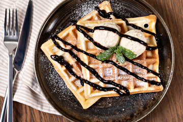 viennese waffles with chocolate syrup