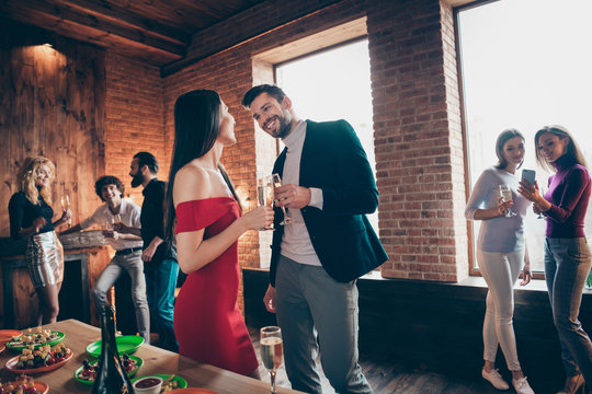 Portrait of nice attractive lovely trendy cheerful cheery guys people colleagues meeting spending festal day corporate event enjoying at modern industrial loft brick wood style interior house