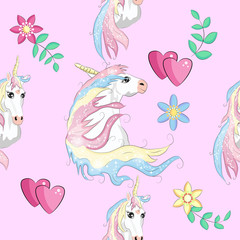 Seamless pattern with Unicorns, rainbows and hearts, trendy cartoon patches.