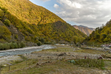 Fototapeta na wymiar Road and nature view from Tbilisi to Kazbegi by private car , October 19, 2019, Kazbegi, Republic of Gerogia