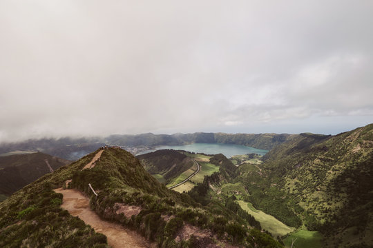 Mountain peak view point in Azores in a cloudy day