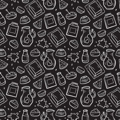 Vector Food Seamless Pattern. Hand Drawn Sketch Doodle Dairy Products Background 