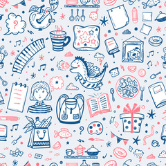 Childhood Vector Background. Seamless Pattern with Hand Drawn Doodle Various Item Icons for Kids. Back to School Wallpaper.