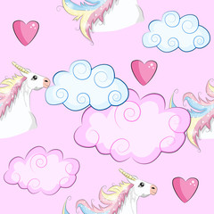 Seamless pattern with cute unicorns, clouds,rainbow and stars. Magic background with little unicorns.