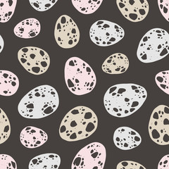 Quail eggs flat vector seamless pattern. Natural organic farm product on black background. Wrapping paper, wallpaper, textile design