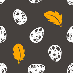 Quail eggs flat vector seamless pattern. Natural organic farm product on black background. Wrapping paper, wallpaper, textile design