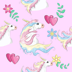 Seamless pattern with Unicorns, rainbows and hearts, trendy cartoon patches.