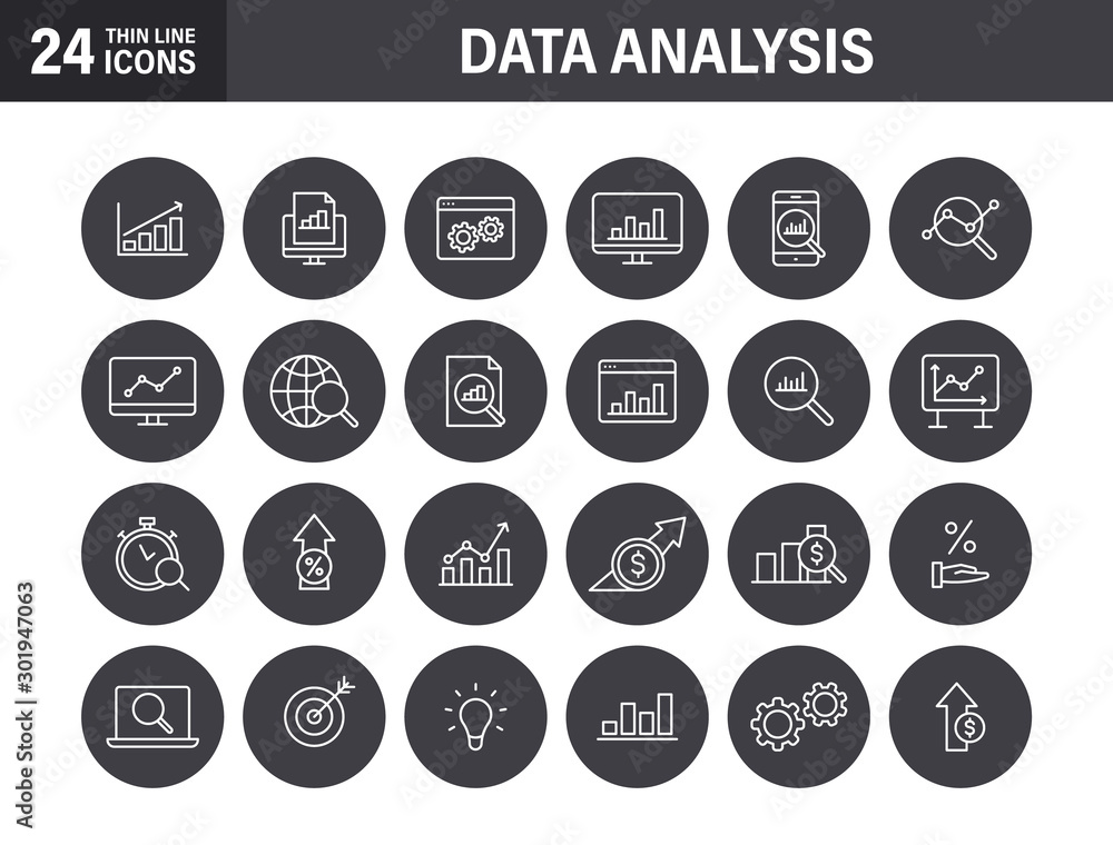 Poster set of data analysis web icons in line style. graphs, analysis, big data, growth, chart, research. v