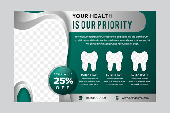 Dentistry tooth care creative banner. Vector illustration. Dental icons. illustration of tooth with gradient silver color in left side used space for photo collage. green background. 