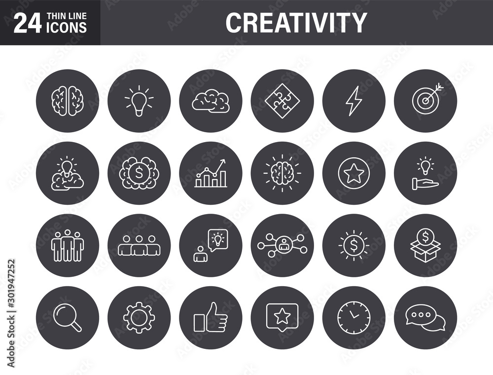 Poster set of creativity and idea web icons in line style. creativity, finding solution, brainstorming, cre