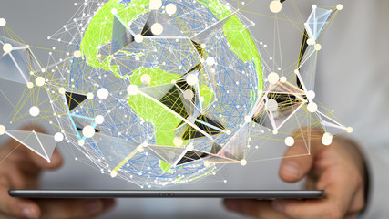 Global network connection. World map point and line composition