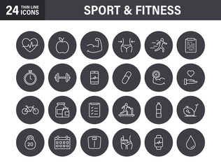 Set of Sport and Fitness web icons in line style. Soccer, nutrition, workout, teamwork. Vector illustration.