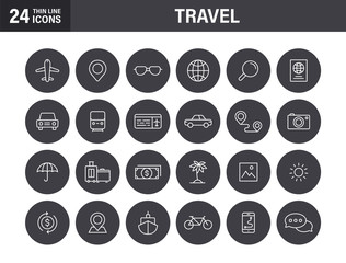 Set of Travel web icons in line style. Transport, Luggage, food, navigation, holiday. Vector illustration.